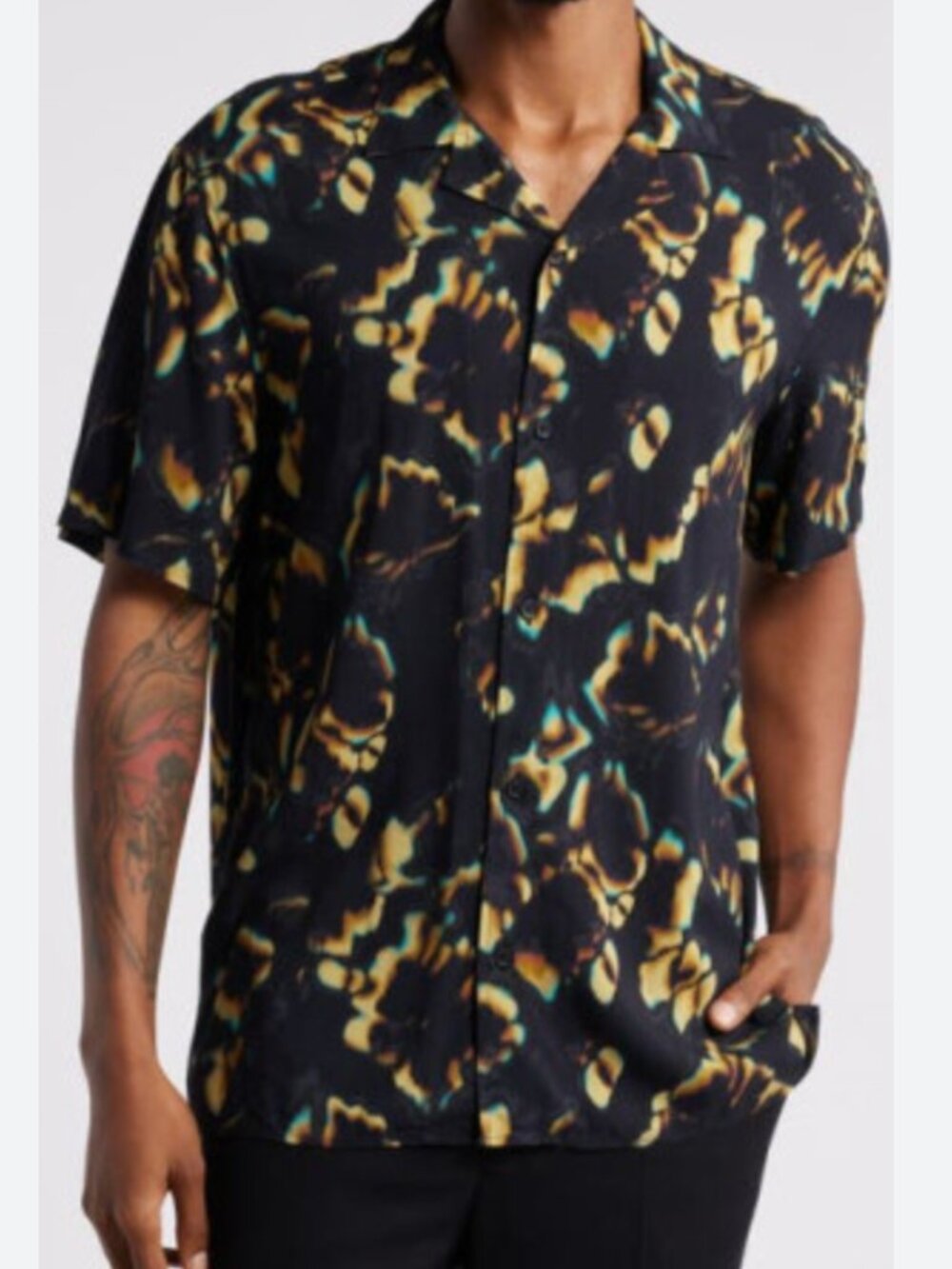 Open Edit Camp Shirt Mens 2XL XXL Black Yellow Tie Dye Button Viscose Summer